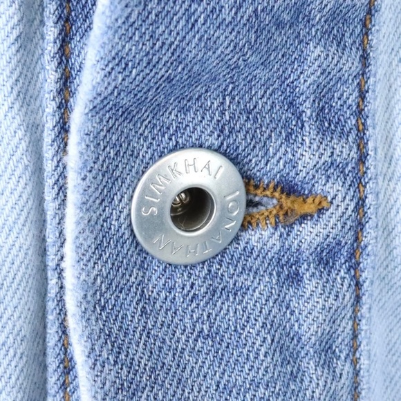 JONATHAN SIMKHAI STANDARD Mirage Patchwork Distressed Denim Blue Jean Jacket - Picture 14 of 17